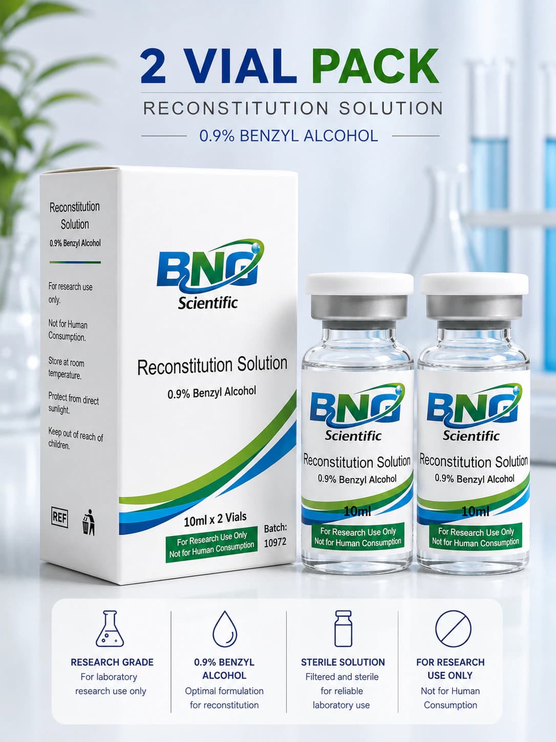 Bac Water for Peptides — Reconstitution Solution 10mL 2-Pack