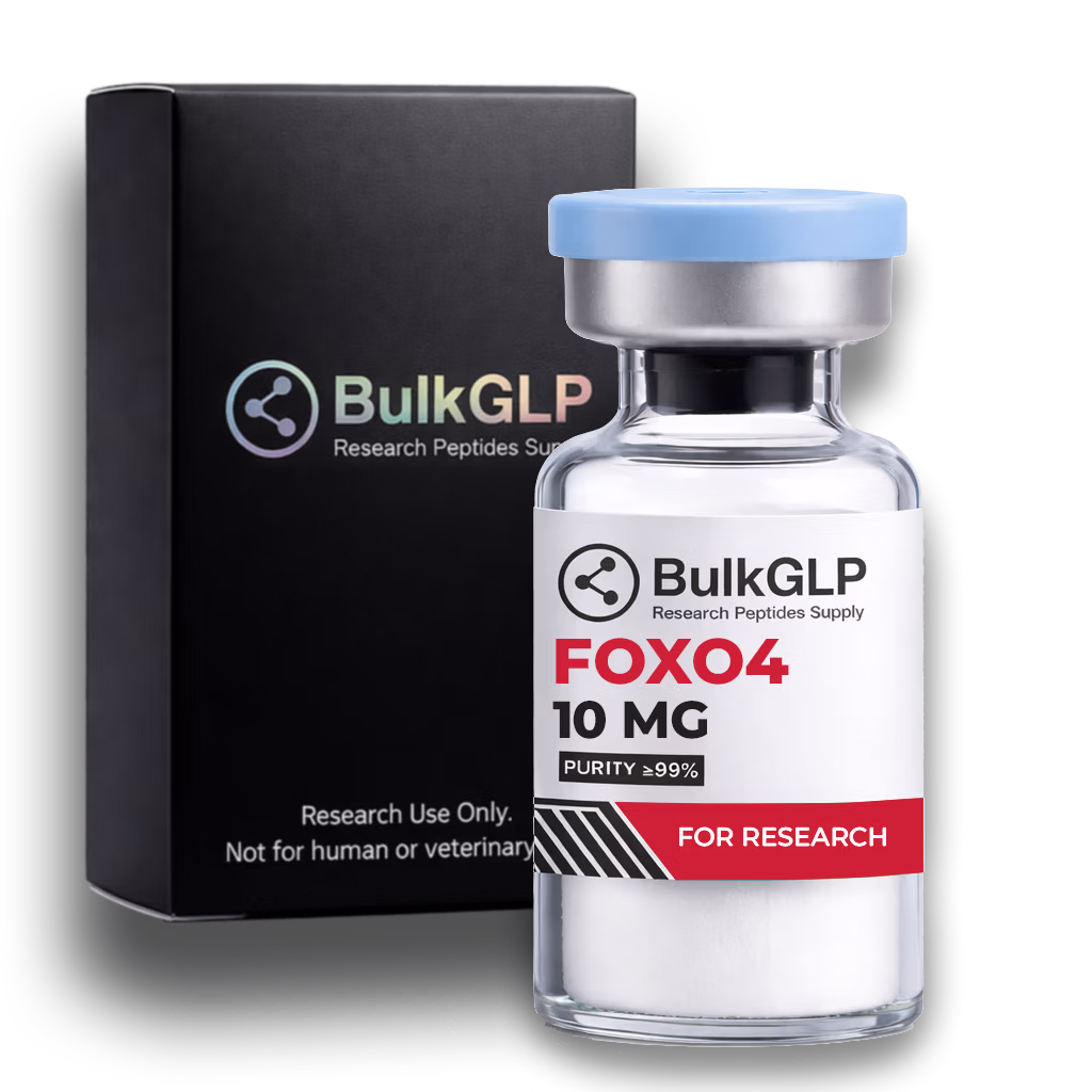 FOXO4 10mg research peptide vial beside BulkGLP packaging